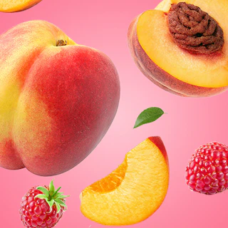 Onderschrift: een roze achtergrond met perziken, frambozen en perziken