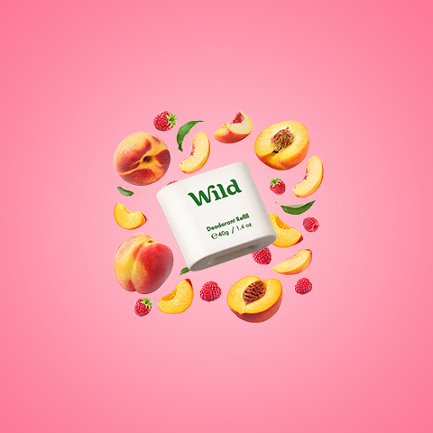 Caption: a pink background with peaches, raspberries, and a book