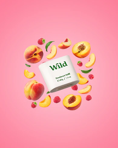 Caption: a pink background with peaches, raspberries, and a book