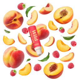 Caption: a tube of lip balm surrounded by peaches and raspberries