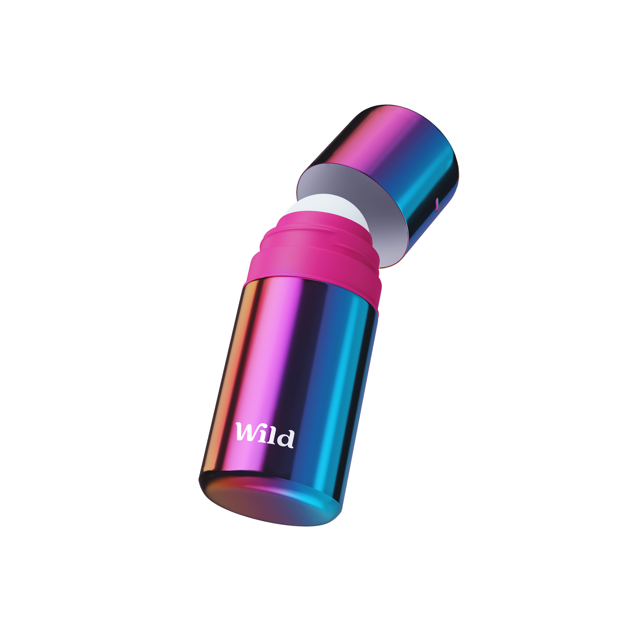 Caption: a pink and blue bottle with the word wild on it