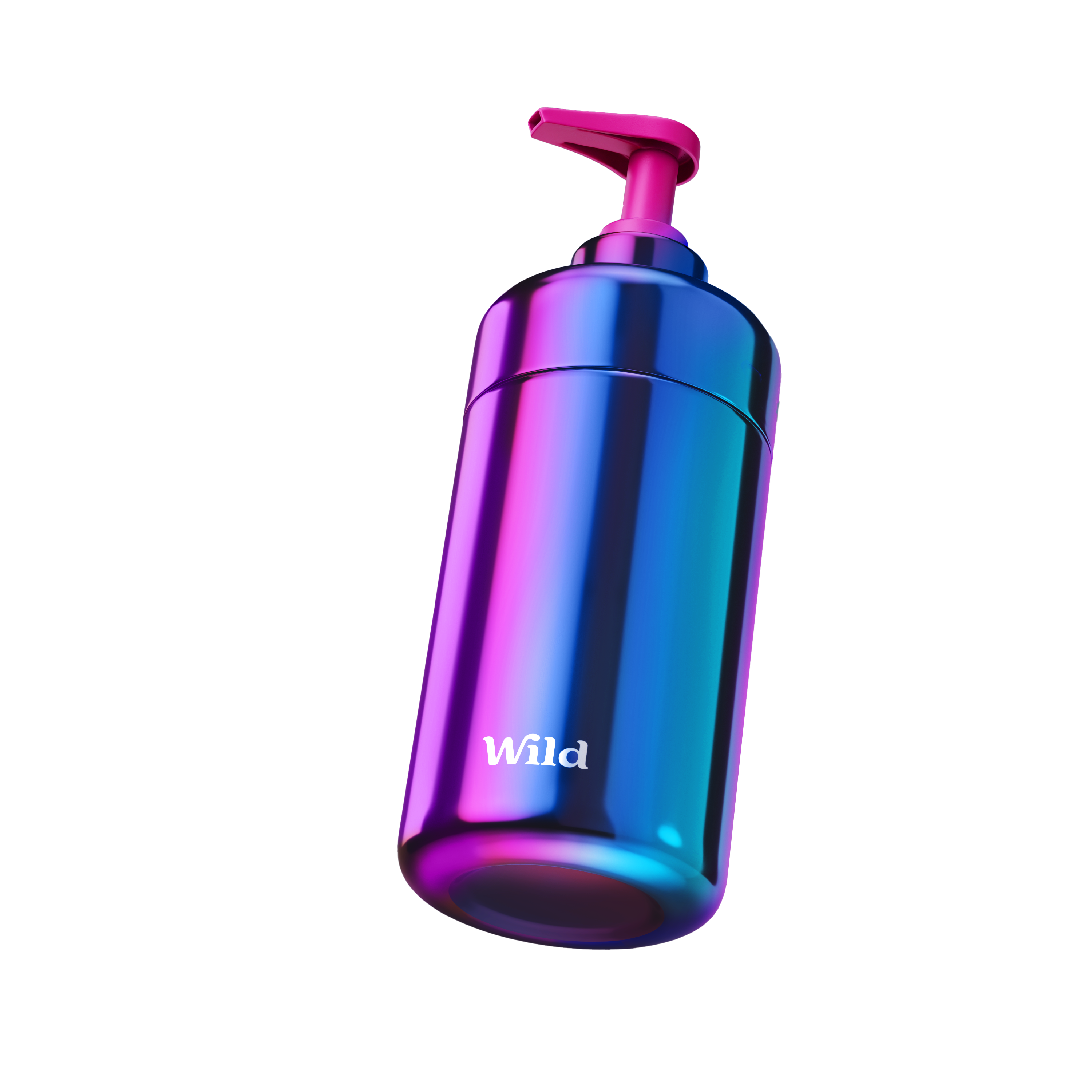 Bildunterschrift: Eine violette und blaue Flasche mit rosa Verschluss