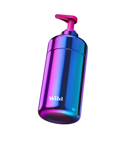 Caption: a purple and blue bottle with a pink top