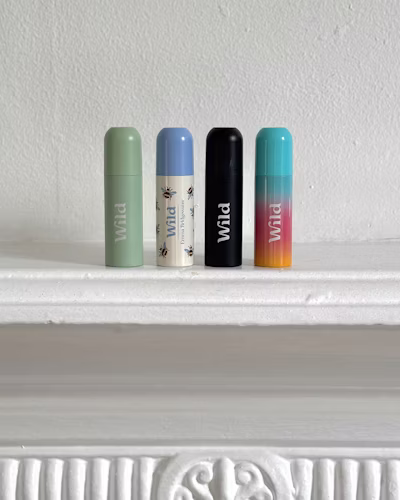 Four Wild Cosmetics lip balms in cylindrical tubes, lined up on a white mantelpiece.