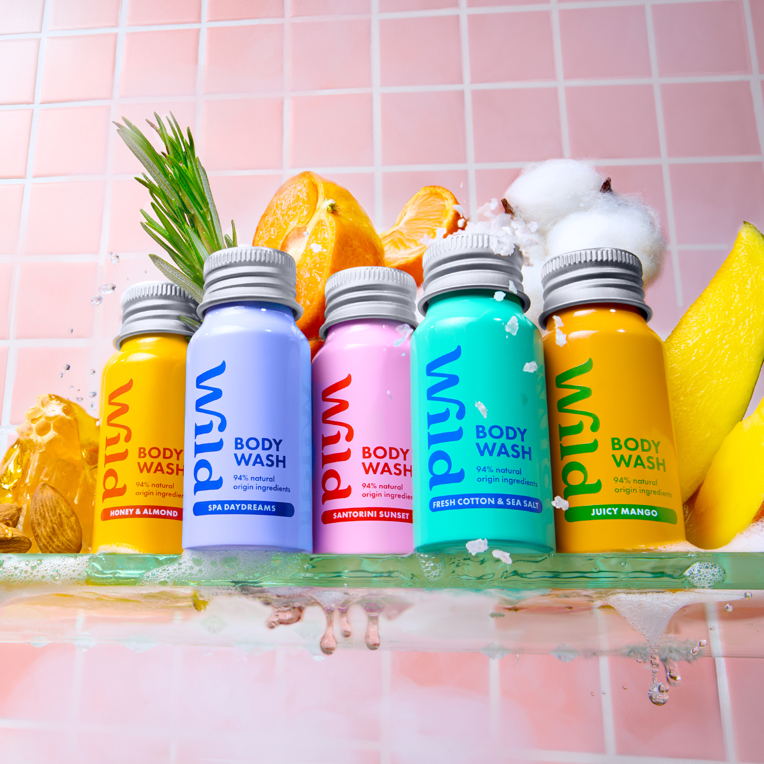 Caption: a row of bath products sitting on a shelf