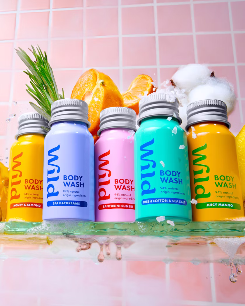 Légende : une rangée de produits de bain posés sur une étagère