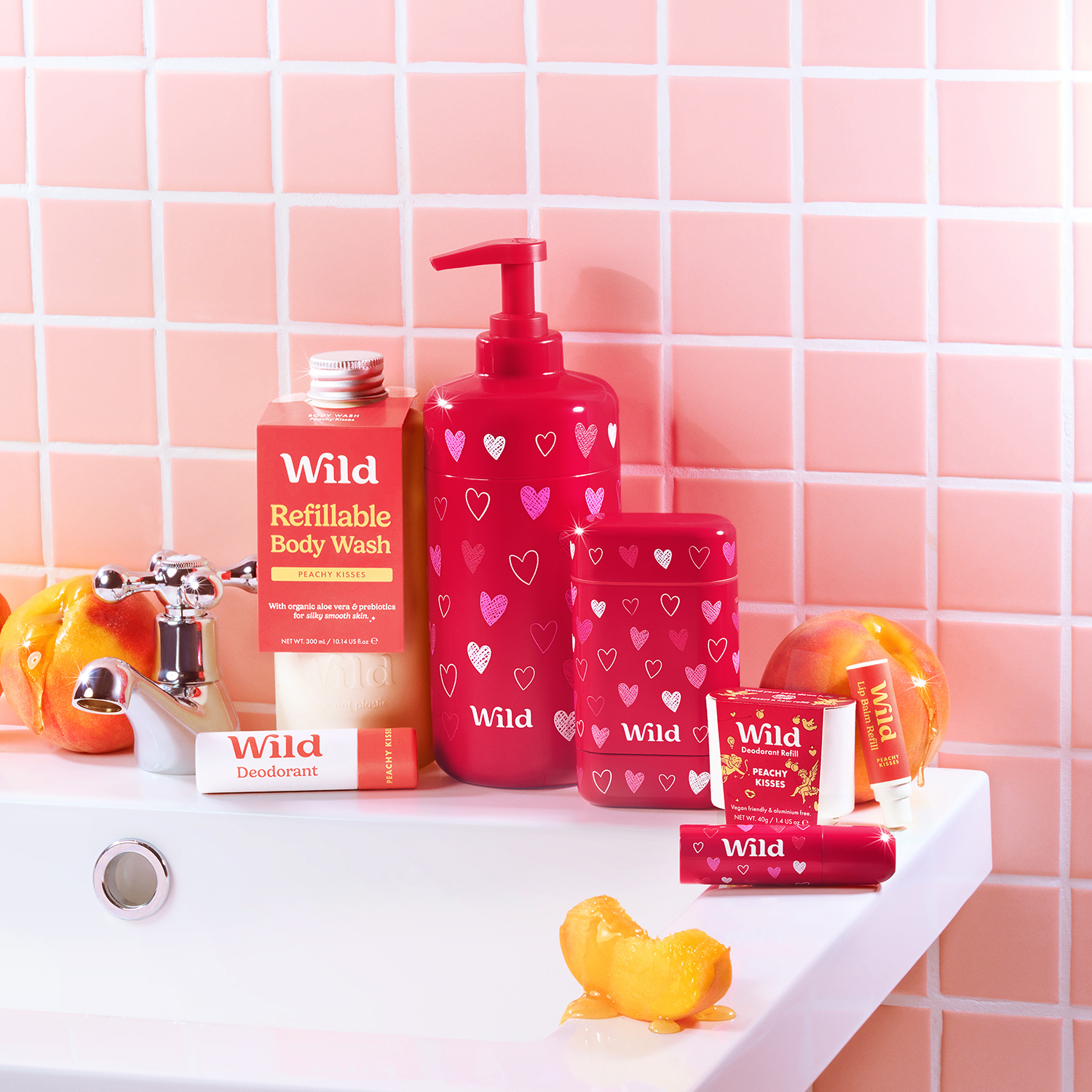 Caption: a bathroom counter with soap, lotion, and soap dispenser