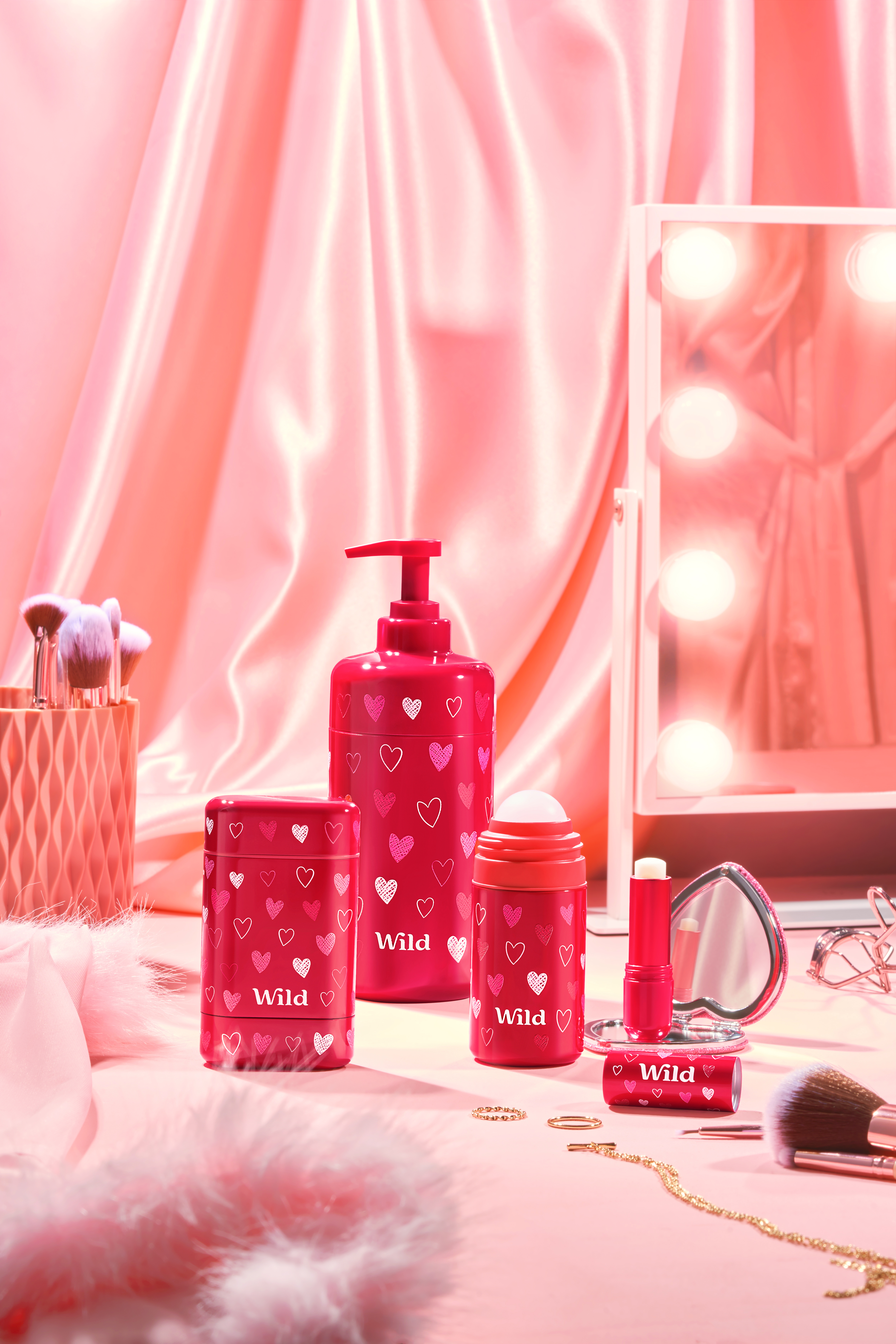 Caption: a vanity with a mirror and a vanity set