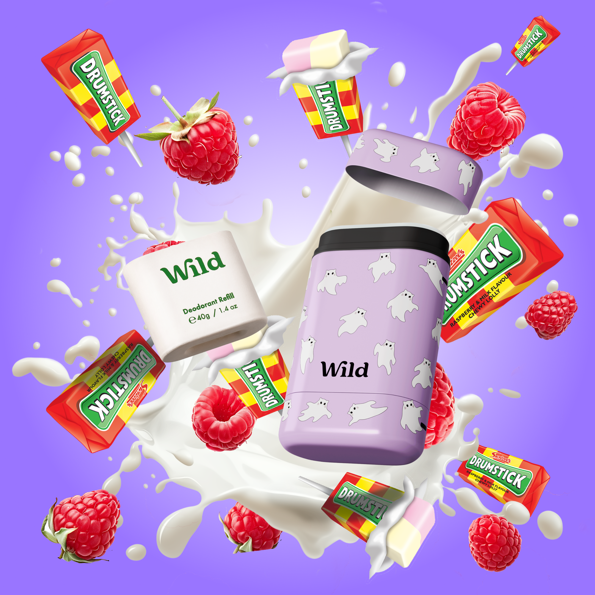 Bildunterschrift: Eine Dose Wildhimbeermilch, umgeben von Himbeeren und Himbeeren
