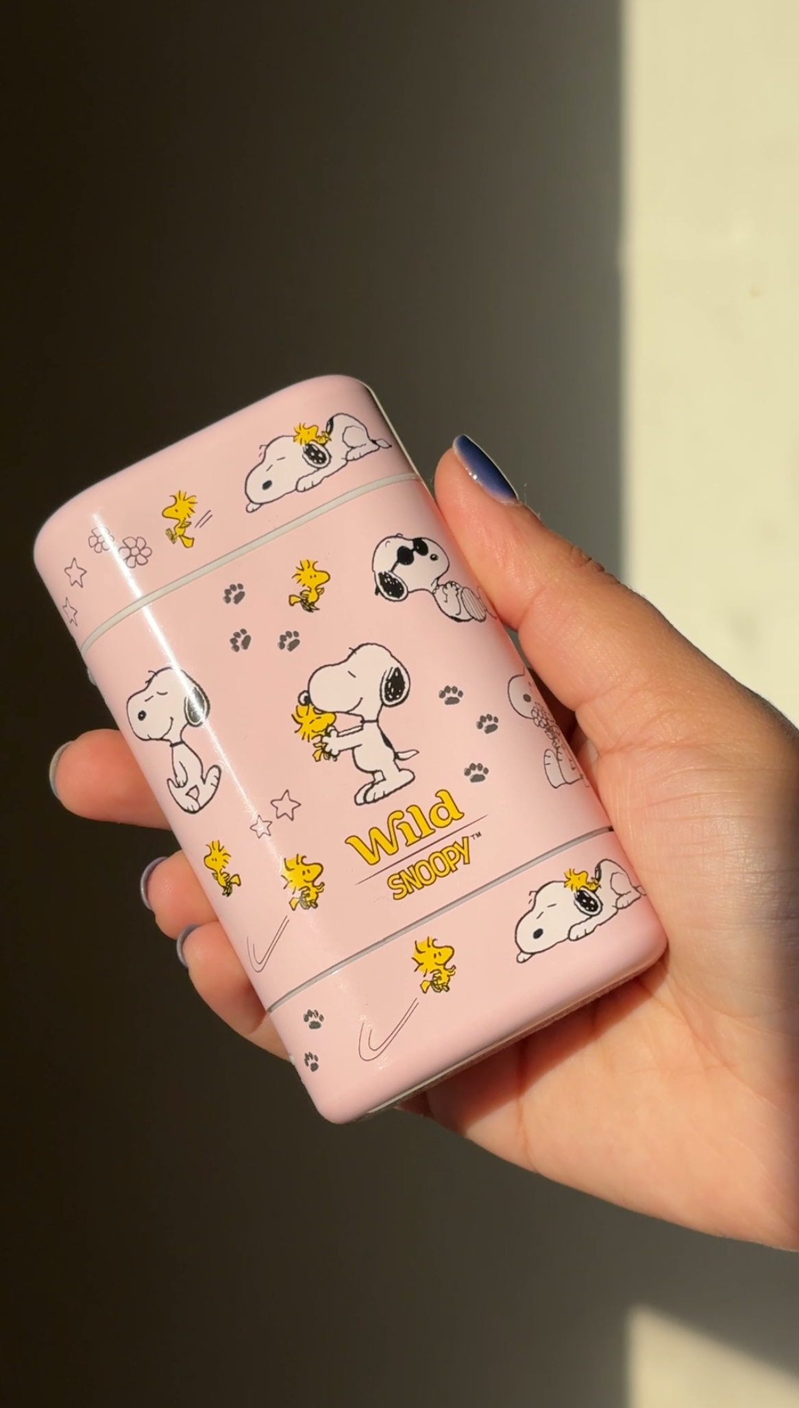 Caption: a person holding a pink case with snoopy characters on it