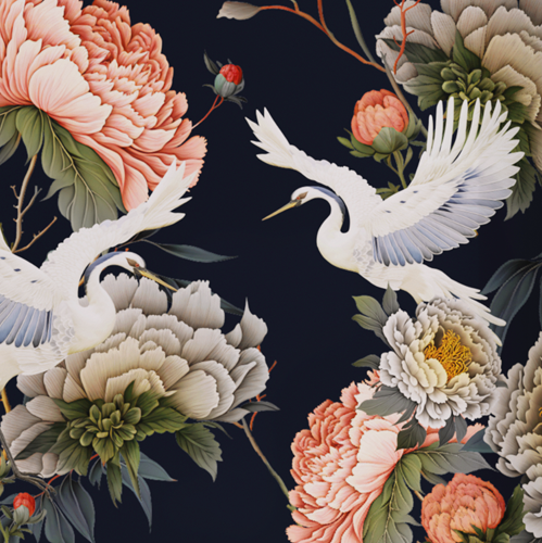 Caption: two white birds flying over a bunch of flowers