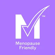 Bildunterschrift: Das Logo für Menopause-freundliche Produkte auf violettem Hintergrund