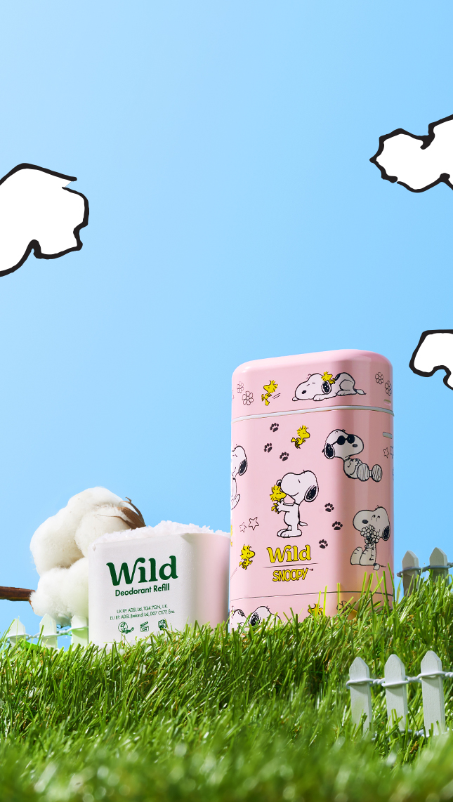 Caption: a teddy bear sitting next to a pink tin on a lush green field