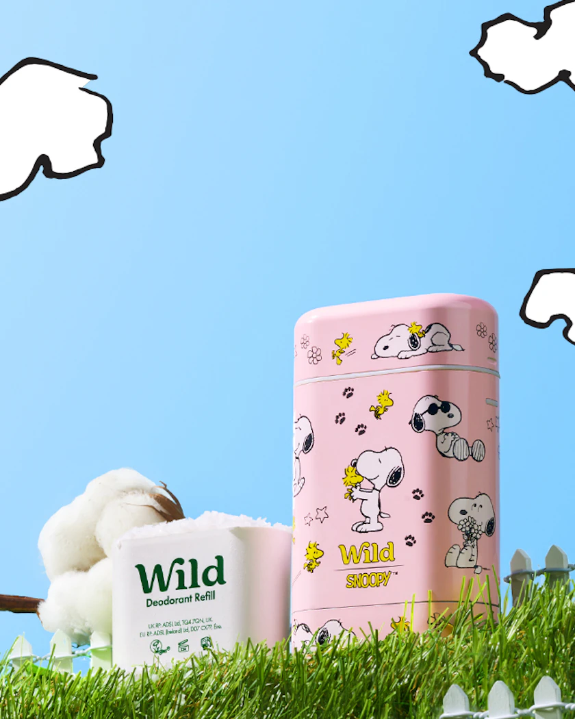 Caption: a teddy bear sitting next to a pink tin on a lush green field