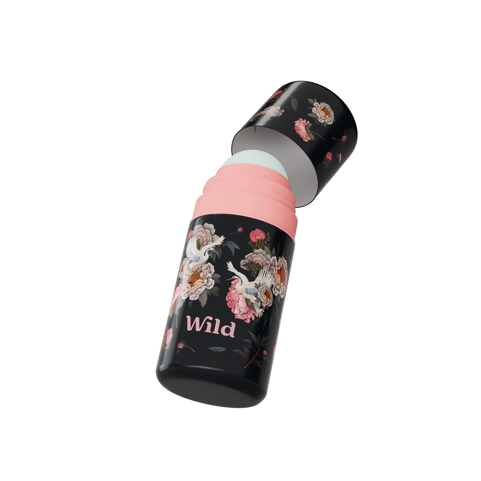 Caption: a black and pink water bottle with flowers on it