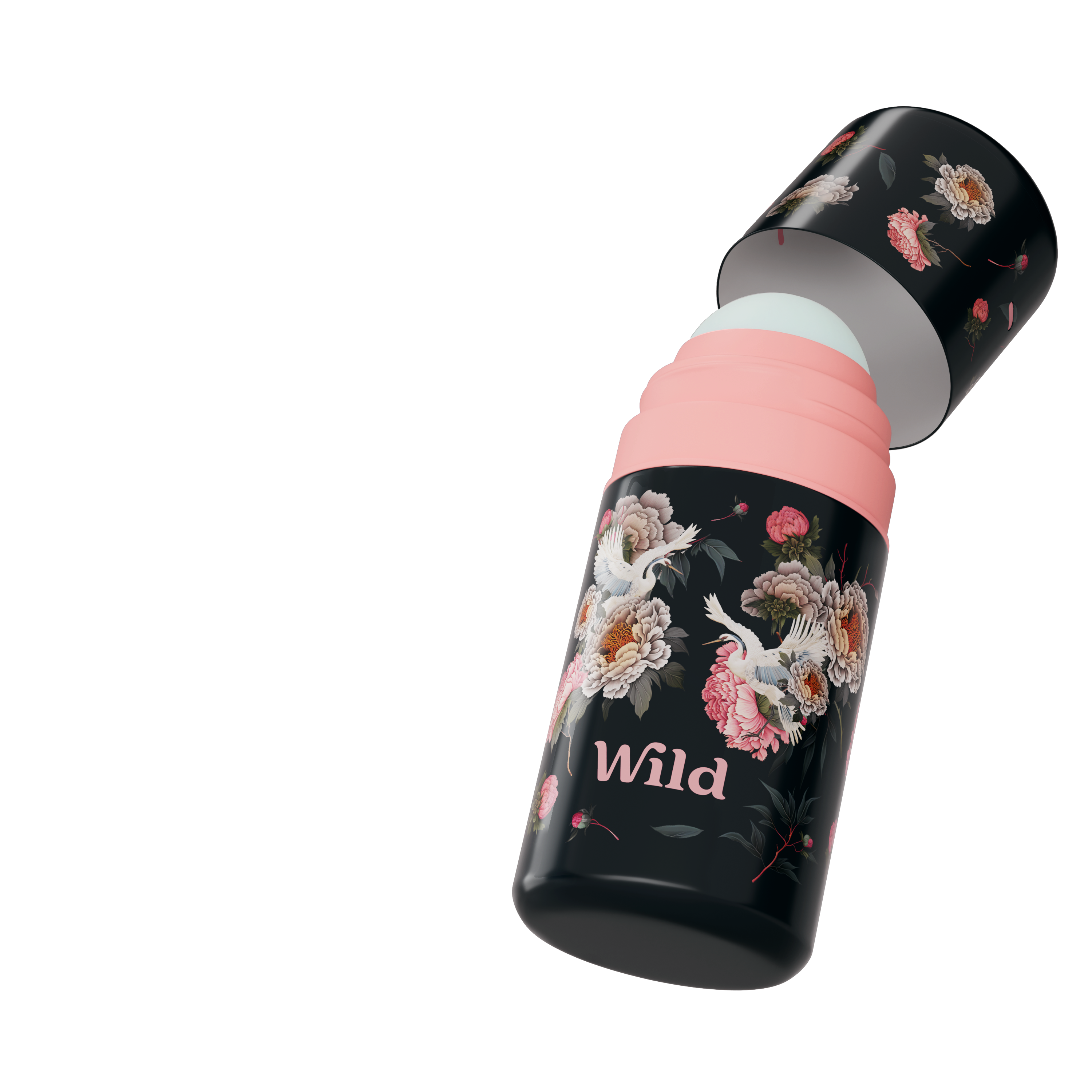 Caption: a black and white bottle with a pink lid