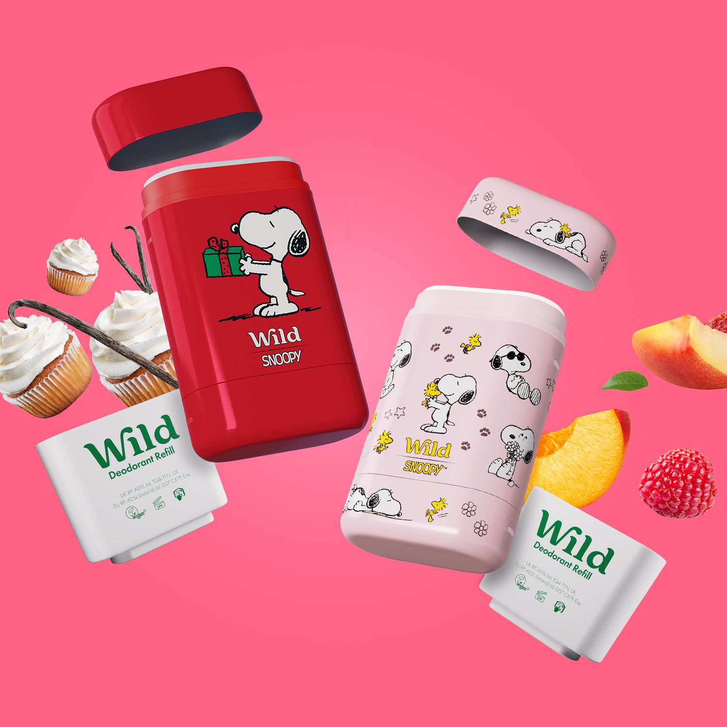 Caption: a pink background with various items that include a cupcake, cupcake wrapper