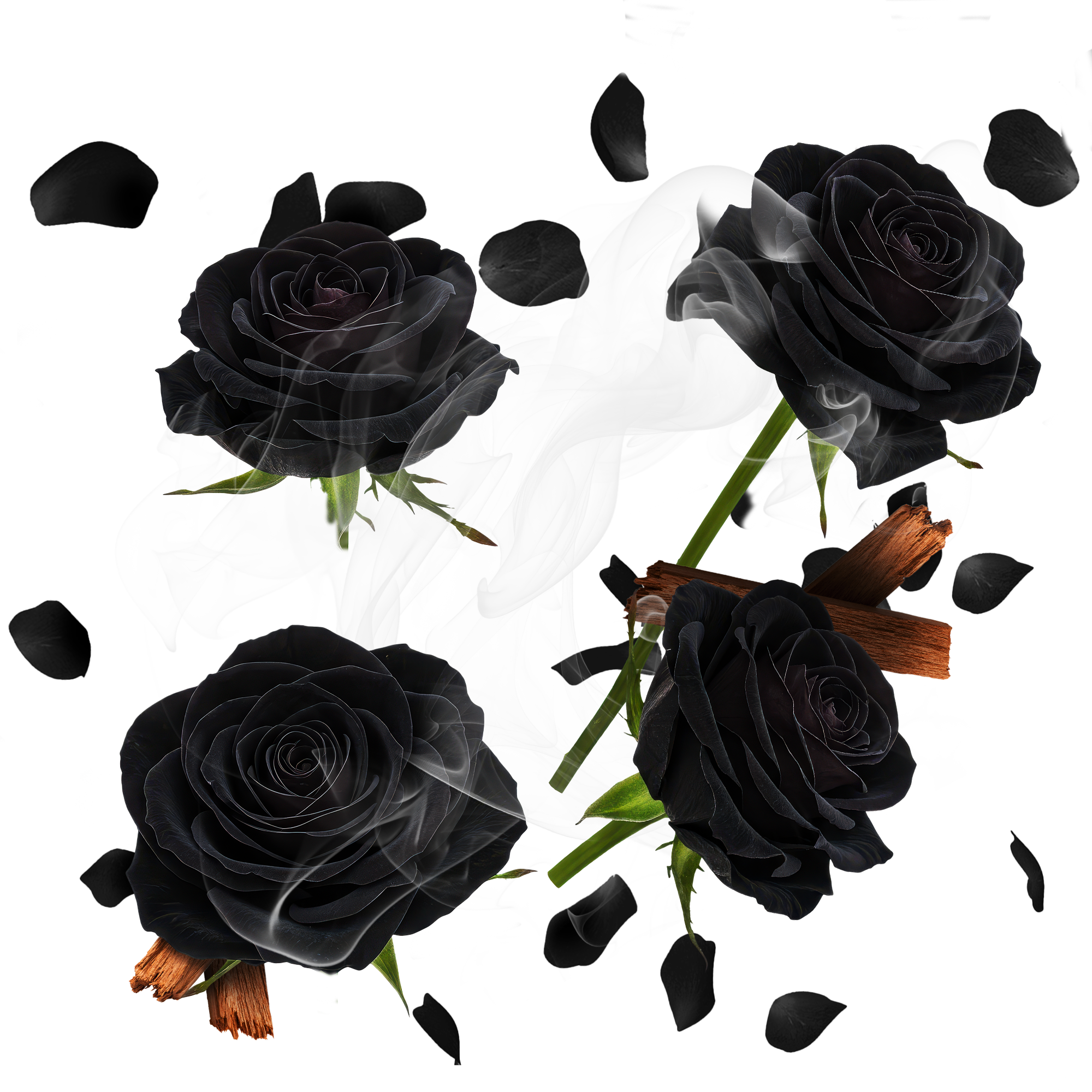 Caption: three black roses are in a glass vase