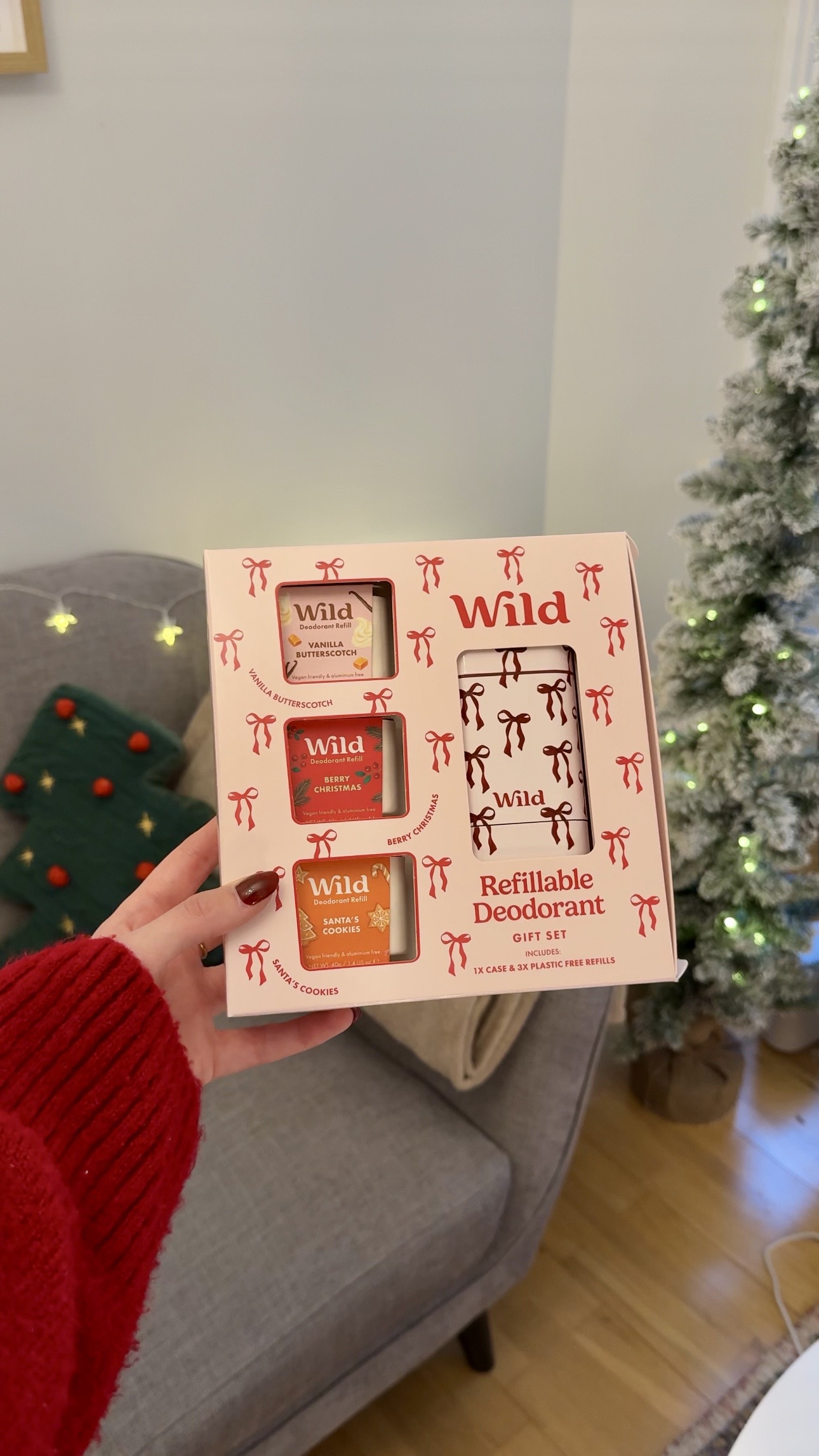 Caption: a person holding a box of food in front of a christmas tree