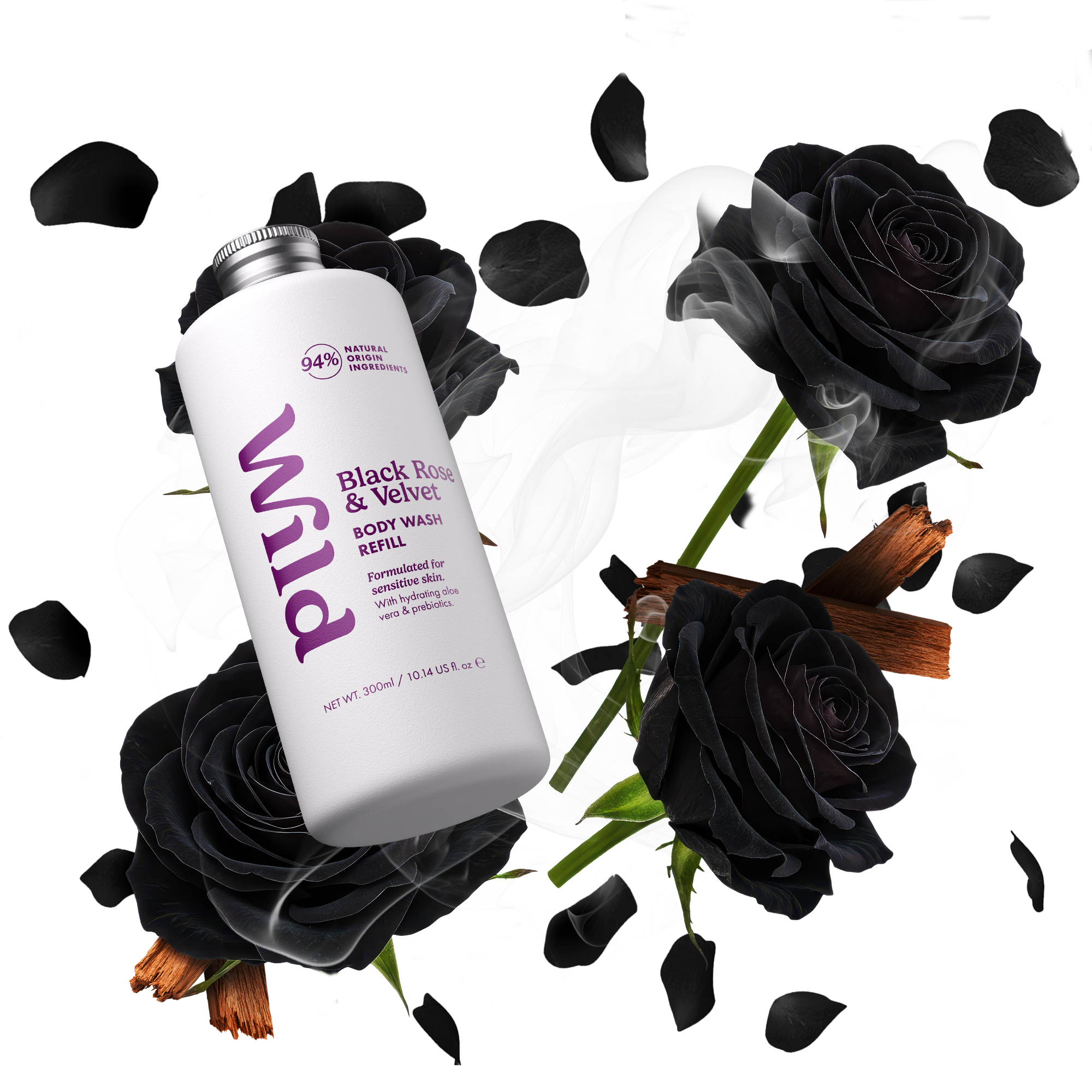 Bijschrift: een fles zonnebrandcrème naast een boeket zwarte rozen