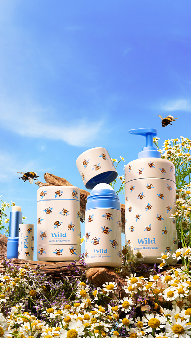 Caption: a field of wildflowers with a blue and white vase