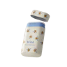 Caption: a white and blue jar with bees on it