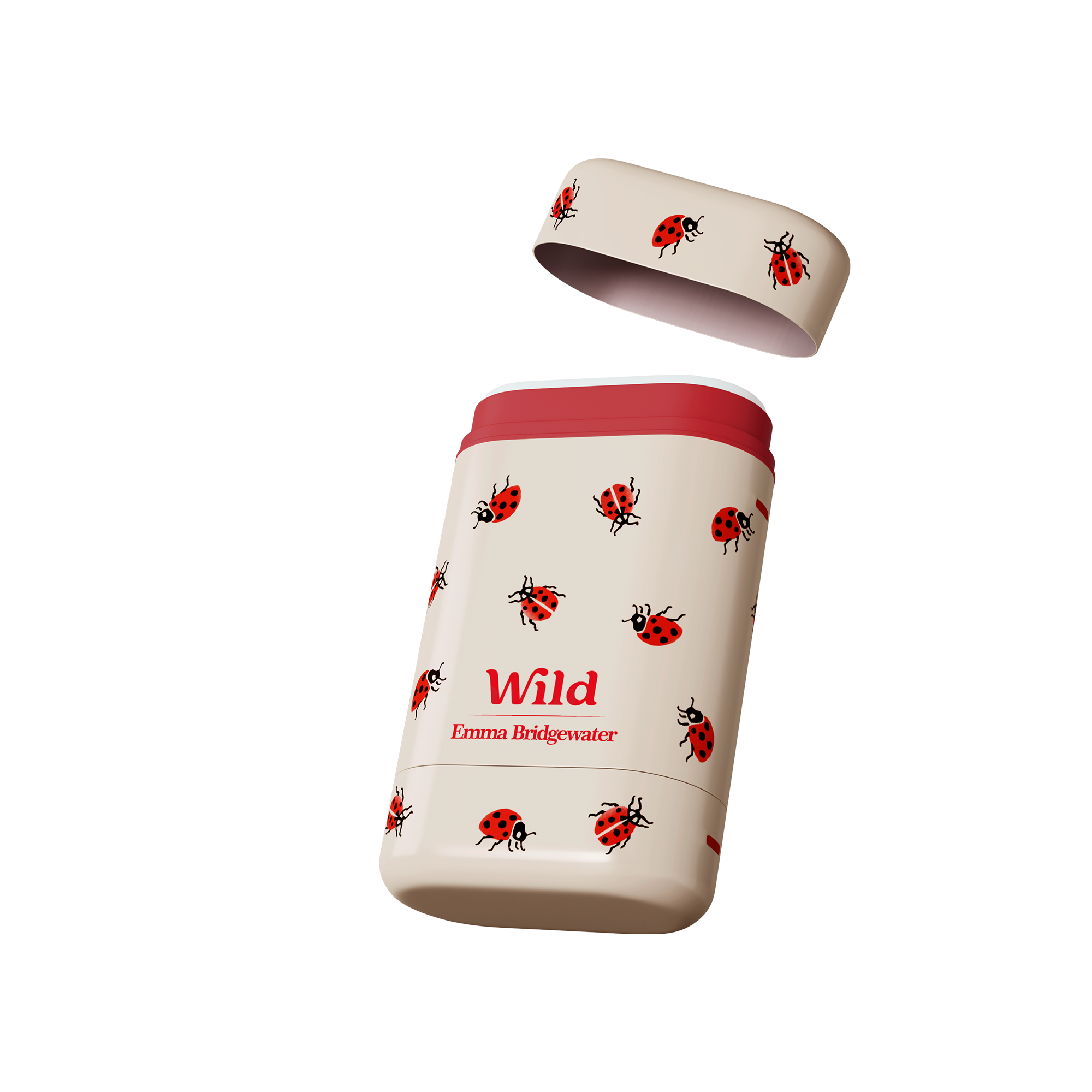 Caption: a red and white container with ladybugs on it