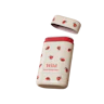 Caption: a red and white container with ladybugs on it
