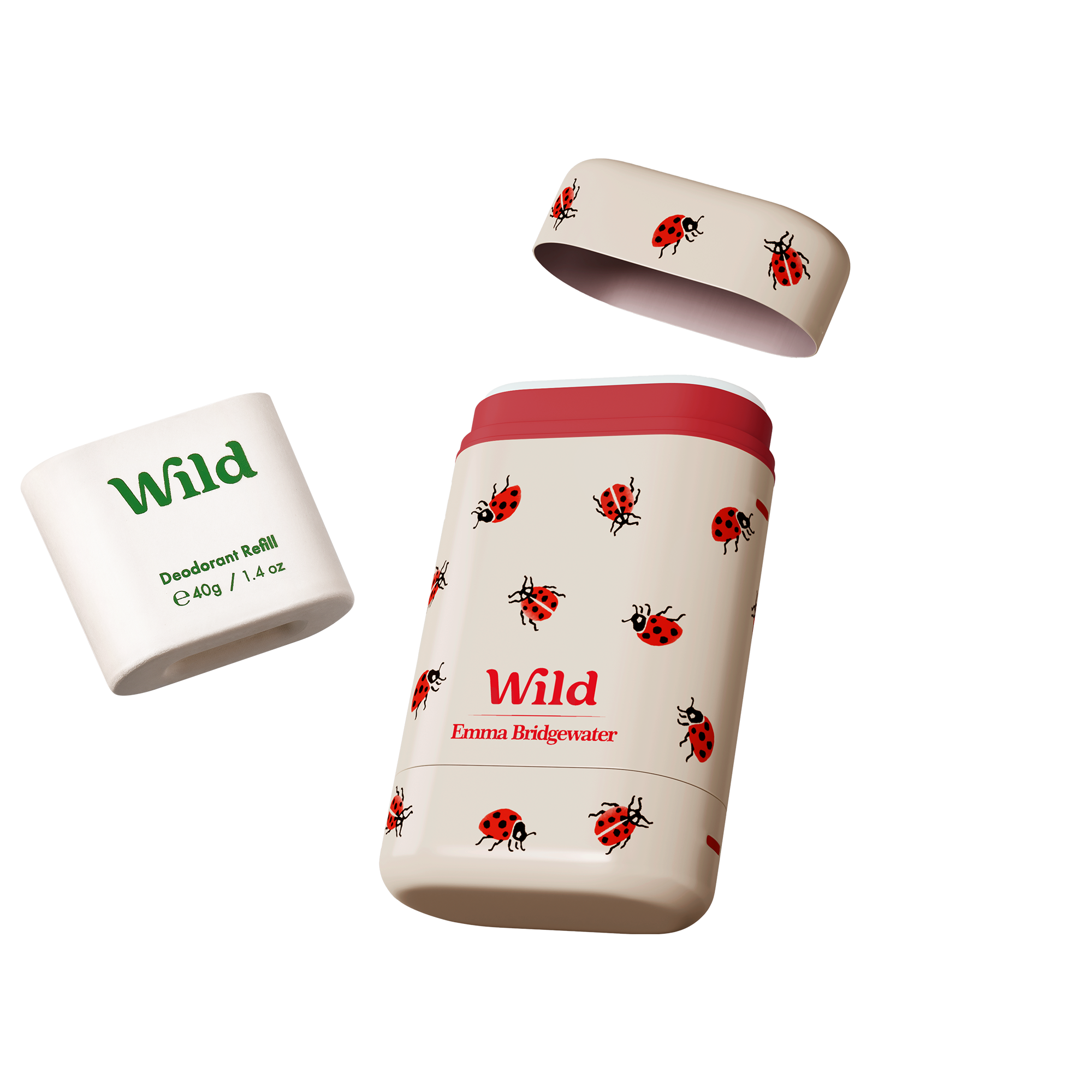 Caption: a white container with a red ladybug on it next to a white container