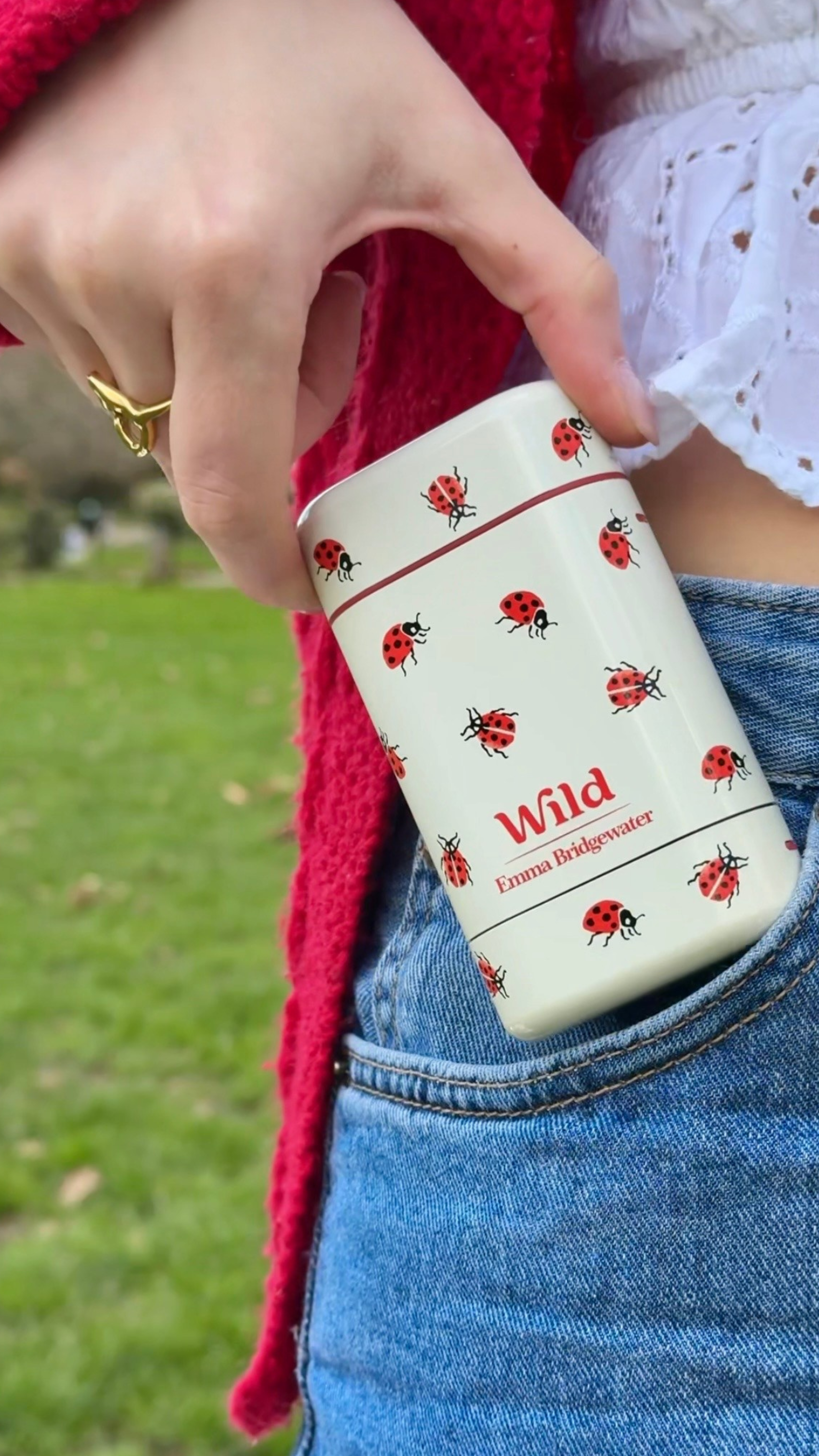 Caption: a ladybug can be seen in the pocket of a woman's jeans
