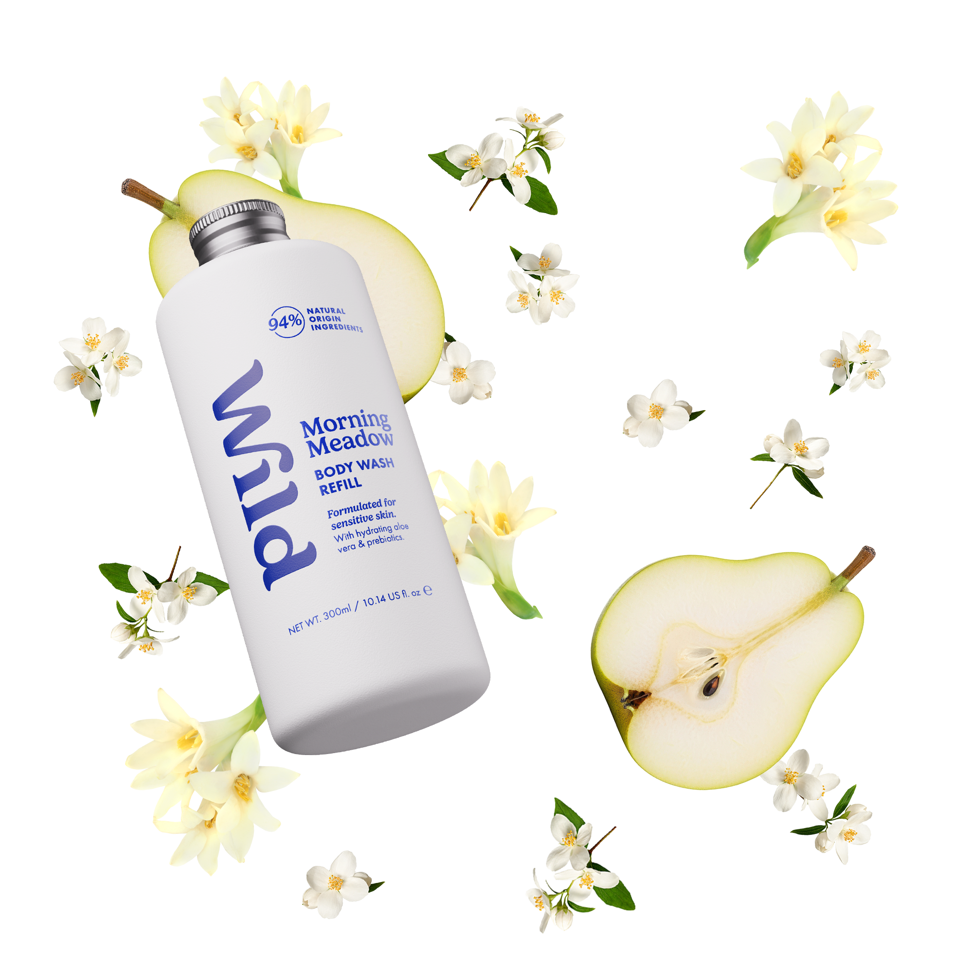 Caption: a bottle of deodorant next to an apple and flowers