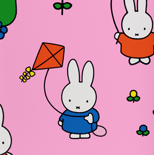 Caption: a pink background with a rabbit holding a kite