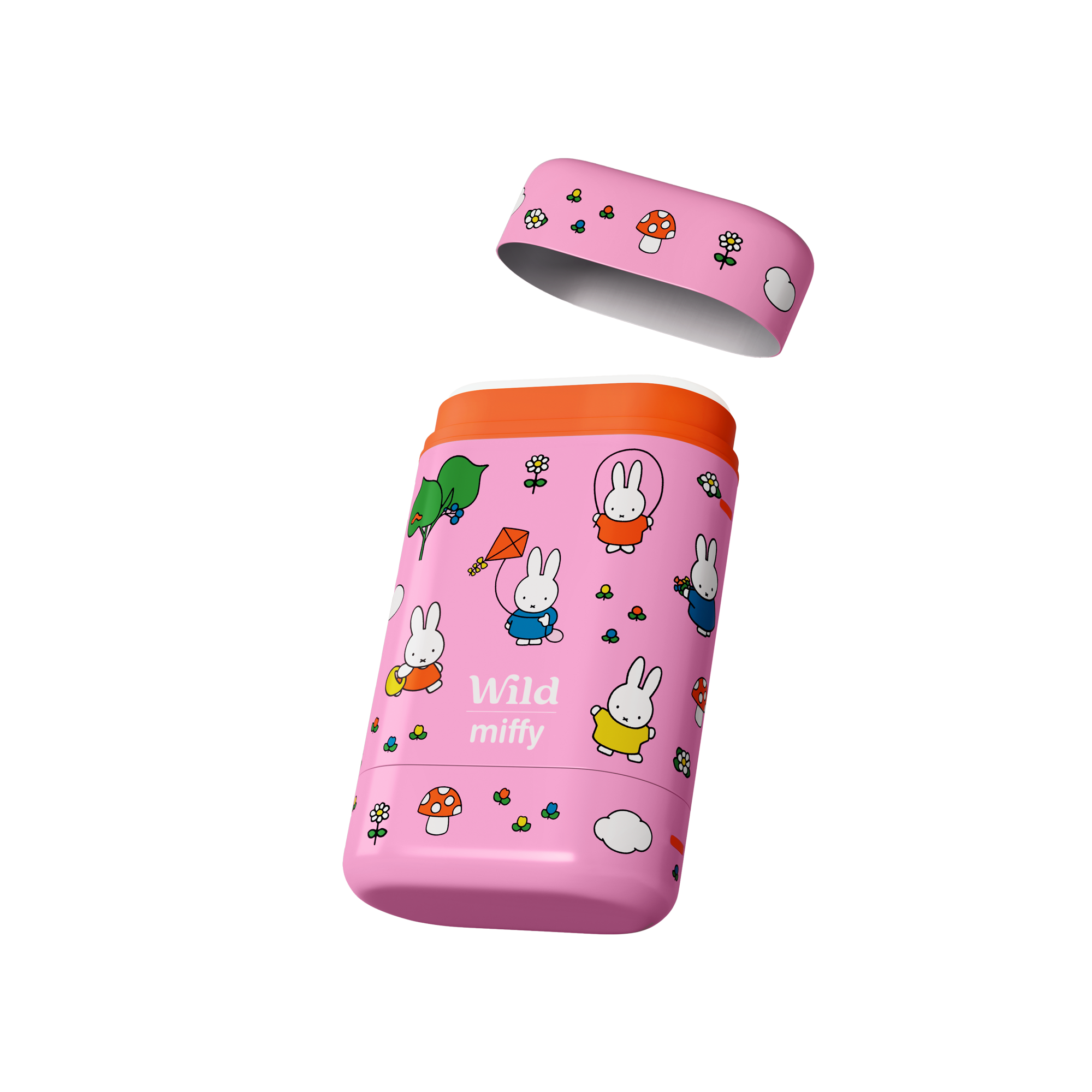 Caption: a pink and orange cup with cartoon characters on it