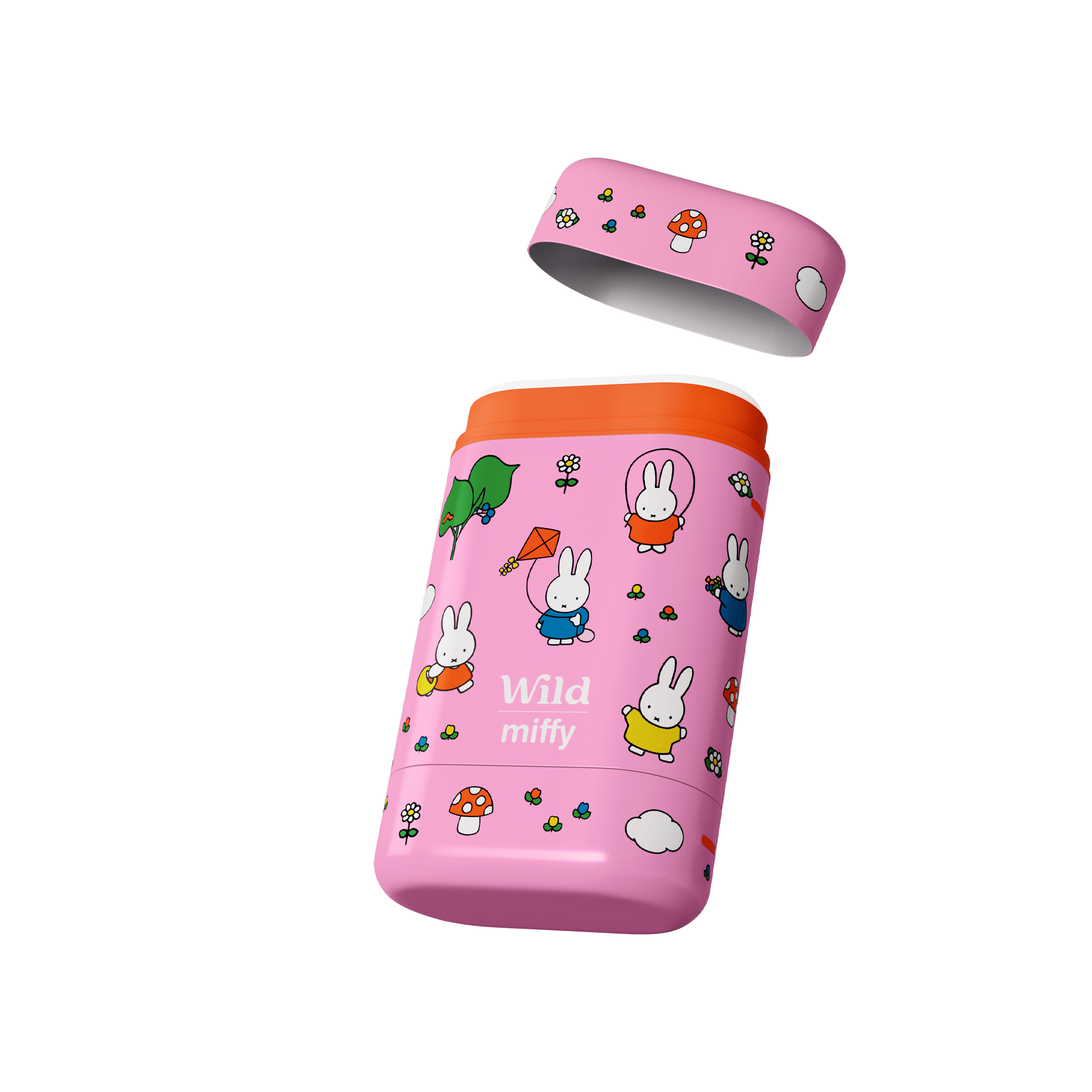 Caption: a pink and orange cup with cartoon characters on it