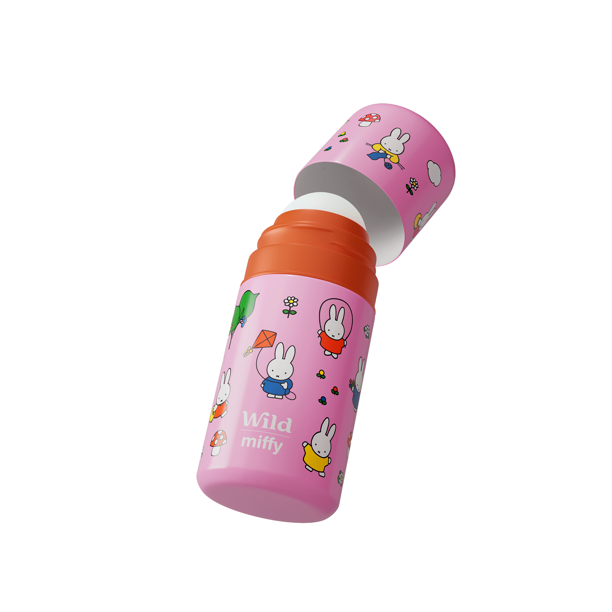 Caption: a pink and orange sippy cup with cartoon characters on it