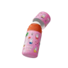 Caption: a pink and orange sippy cup with cartoon characters on it