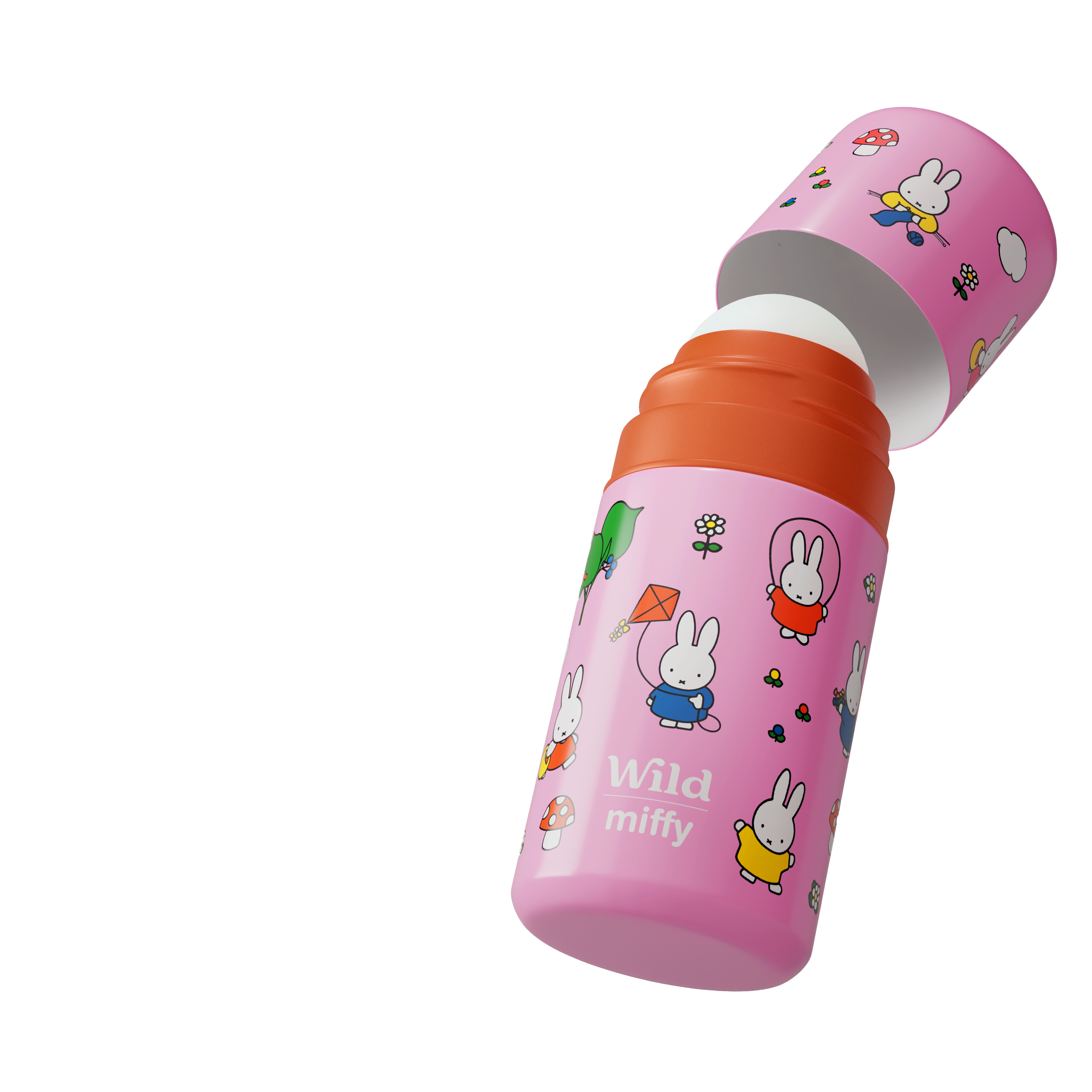 Caption: a pink and orange sippy bottle with cartoon characters on it