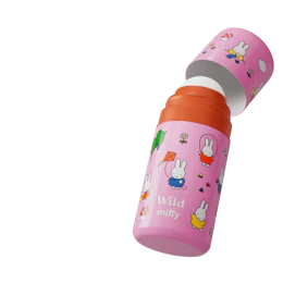 Caption: a pink and orange sippy bottle with cartoon characters on it