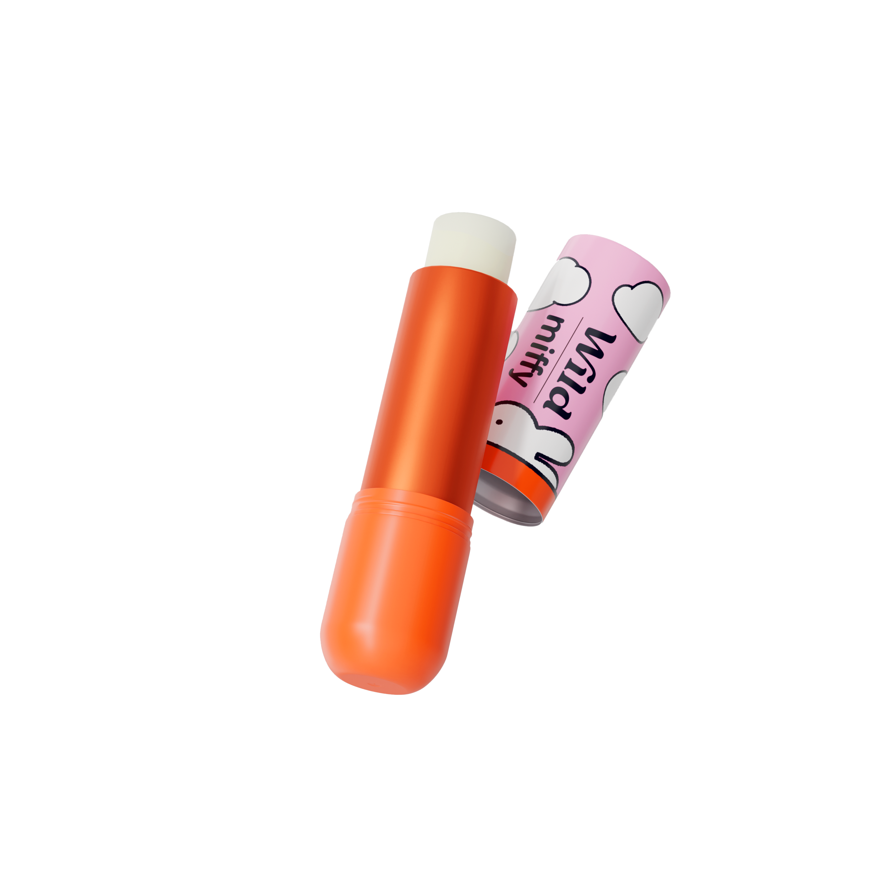 Caption: an orange lip bale and a pink lip bale