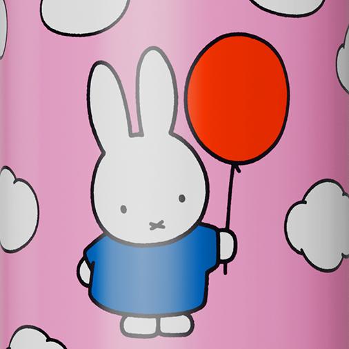 Caption: a cartoon rabbit holding a red balloon on a pink background