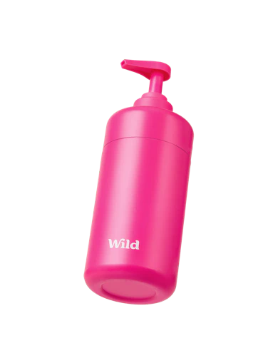 Caption: a pink bottle with the word wild on it