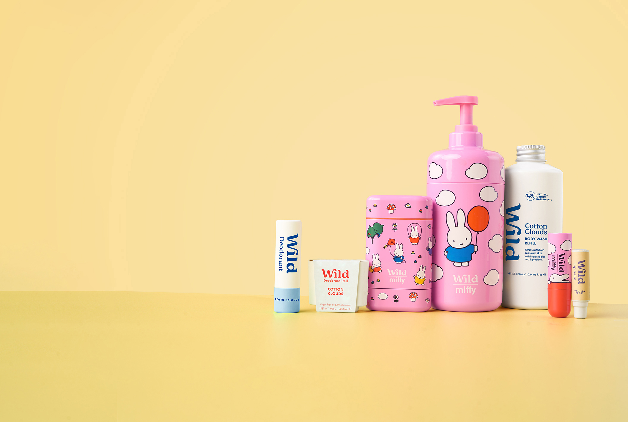 Caption: a yellow table with a lotion bottle, lip balm, and lotion