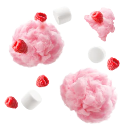 Caption: raspberries and marshmallows floating in the air