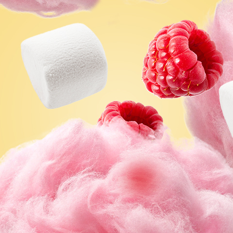 Caption: raspberries and marshmallows floating in the air