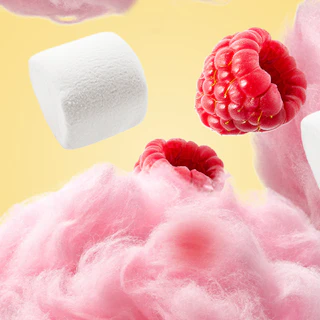 Caption: raspberries and marshmallows floating in the air