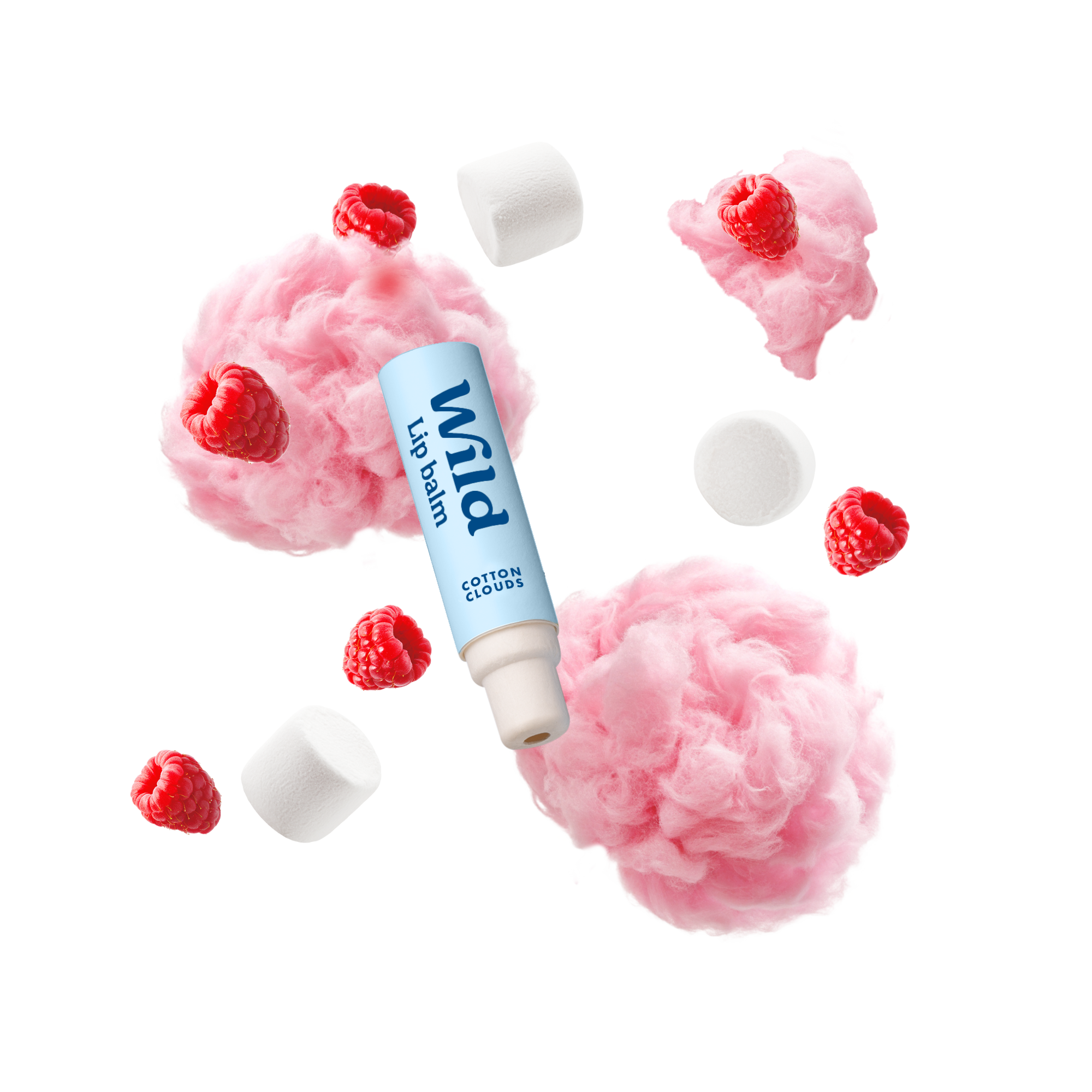 Caption: a tube of lip balm surrounded by raspberries and marshmallows