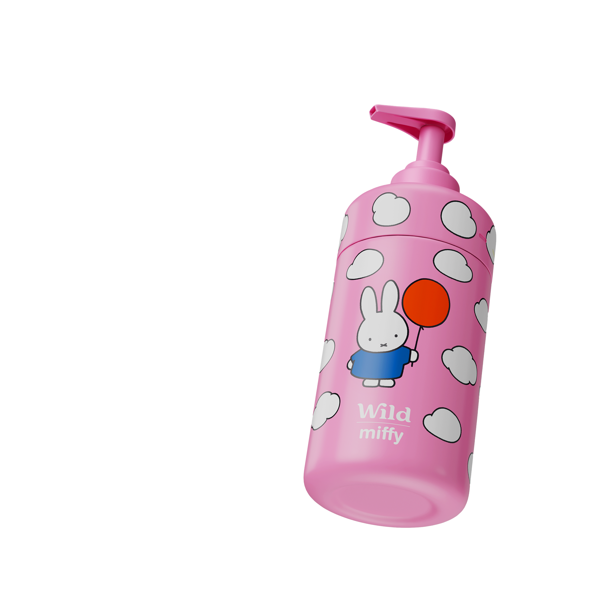 Caption: a pink water bottle with a rabbit on it