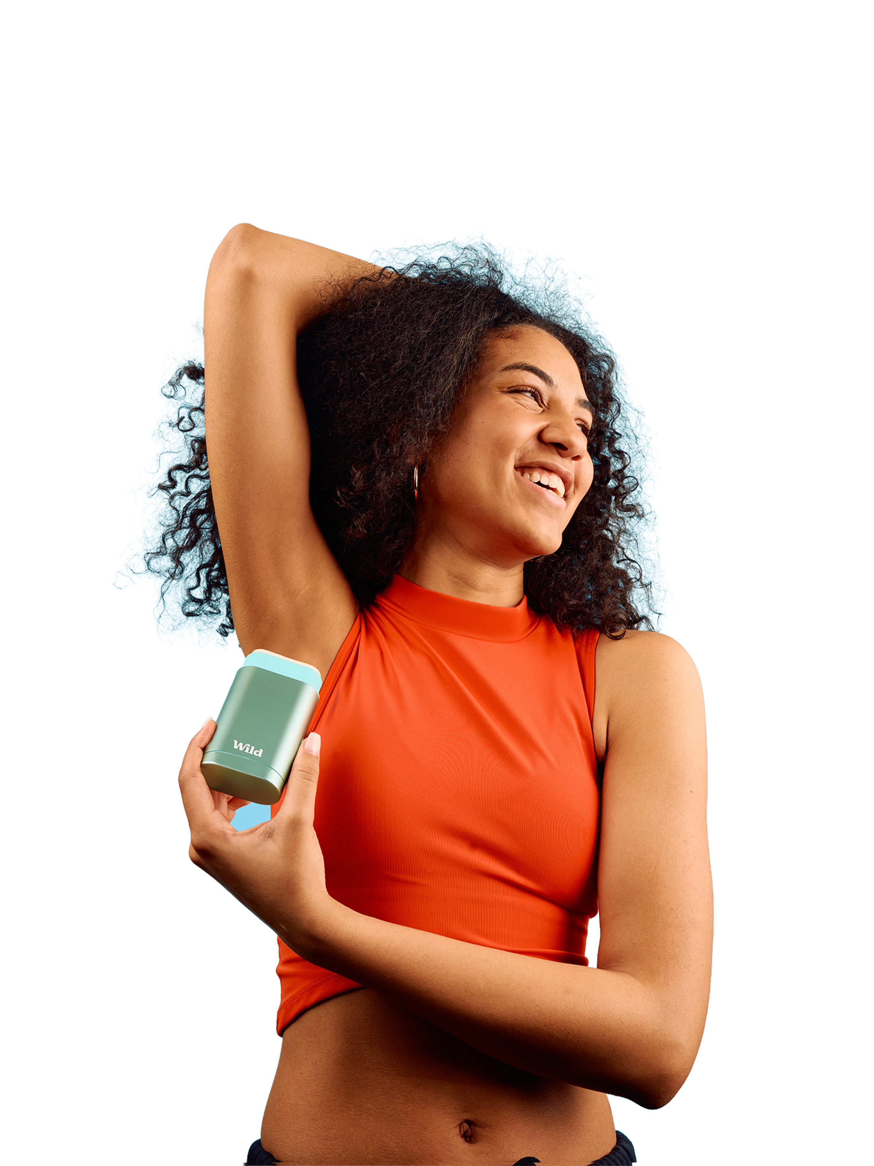 Caption: a woman in an orange top holding a cell phone