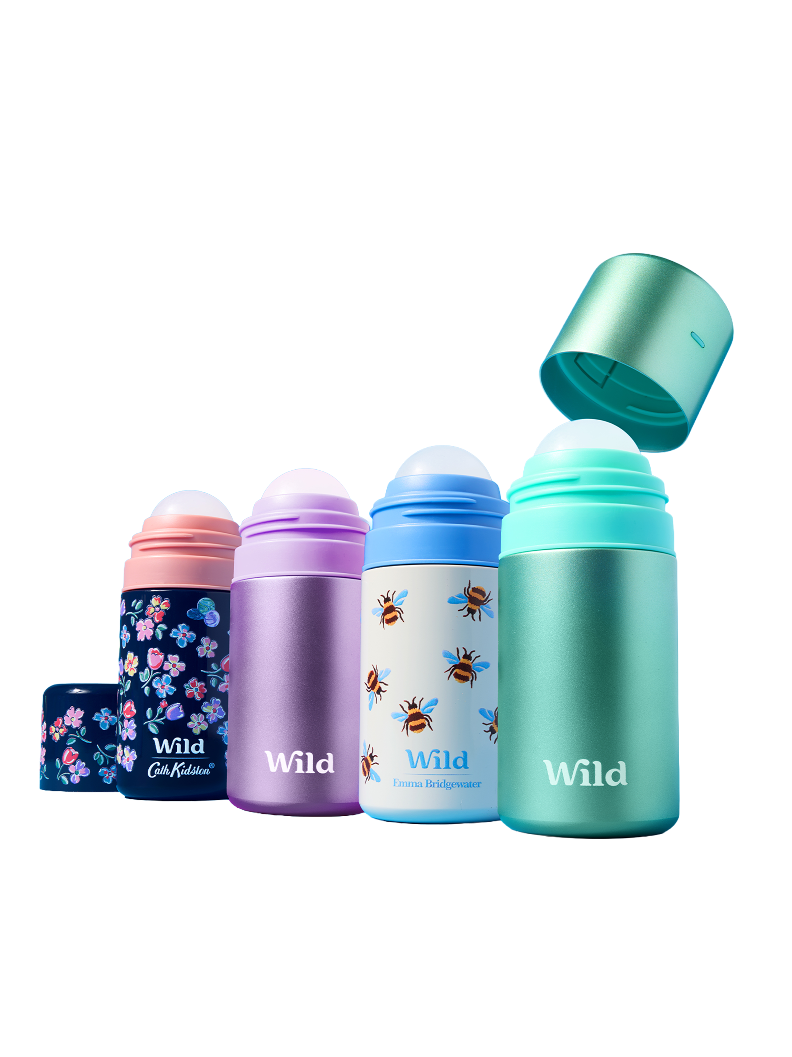 Caption: thermos bottles are lined up against a blue background