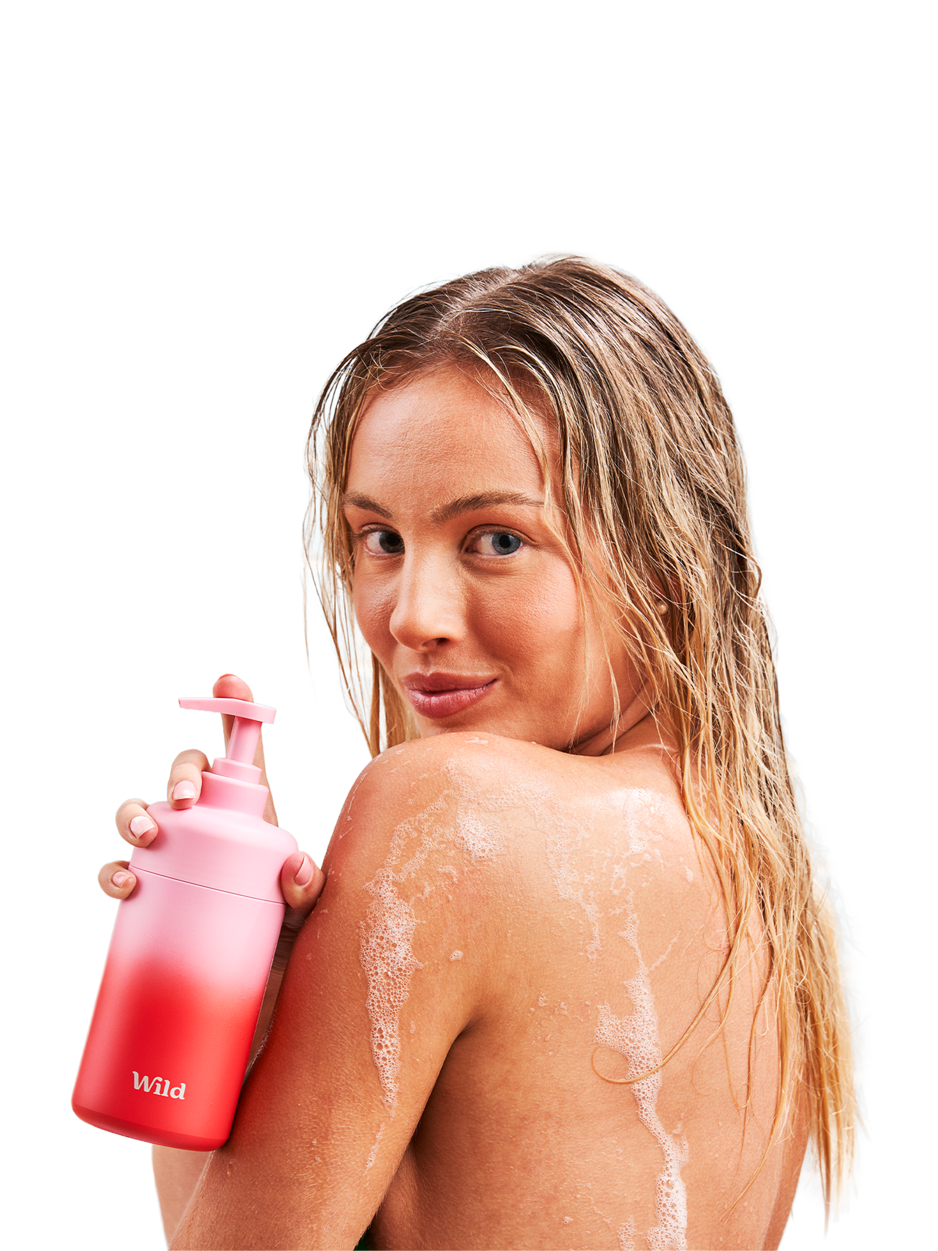 Caption: a woman holding a bottle of lotion in her hand